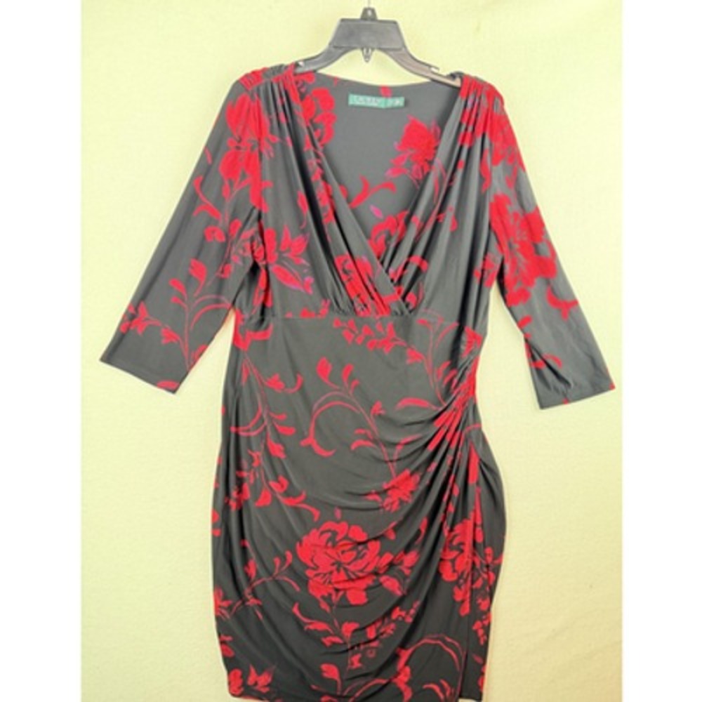 Lauren Ralph Lauren Dress Womens 14W Black Red Floral Ruched Sheath Knee V Neck